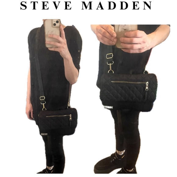 Steve Madden black quilted cross body bag with zippers & inside pockets - Picture 17 of 17